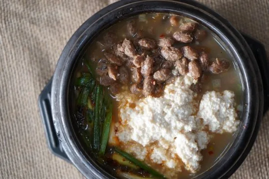 청국장순두부 — 청국장 콩과 흰 순두부, 부추